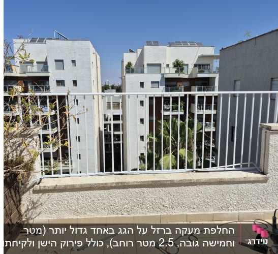 הגבהת מעקה ממתכת לבן מעל חומת מרפסת בבניין מגורים